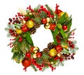 Christmas Wreath with Green Pine Tree Branches and Leaves Decorated with Red Balls, Golden Ornaments, Xmas Gifts, Cranberries over Royalty Free Stock Photo