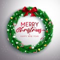 Christmas wreath greeting vector design. Merry christmas text in garland element with bokeh, ribbon and balls element for xmas. Royalty Free Stock Photo