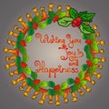 Christmas wreath, handwritten words Wishing You Joy and Happiness Royalty Free Stock Photo