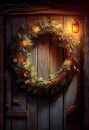 A Christmas wreath hangs on the front doors of a typical American home. AI Generated