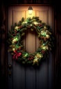 A Christmas wreath hangs on the front doors of a typical American home. AI Generated Royalty Free Stock Photo