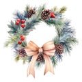 Christmas wreath with holly berries, pine and fir branches, cones, rowan berries, beige bow Royalty Free Stock Photo