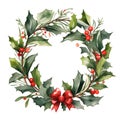 Christmas wreath with holly leaves, berries and red bow painted in watercolor Royalty Free Stock Photo