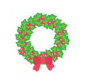 Christmas Wreath with Holly Red Berries and Bow Royalty Free Stock Photo