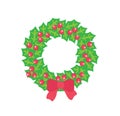 Christmas Wreath with Holly Red Berries and Bow