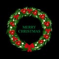 Christmas Wreath of holly with red berries decorated red bows and gold stars and bubbles isolated on black background. Vector Royalty Free Stock Photo