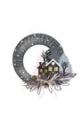 illustration of christmas wreath with houses