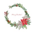 Christmas wreath illustration. Watercolor red poinsettia, pine and spruce tree branches, leaves, greenery Royalty Free Stock Photo