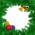 Christmas wreath of intertwined green spruce branches, yellow bells and a red ball. 3D rendering. Isolate. Royalty Free Stock Photo