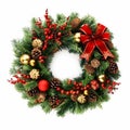 Christmas wreath isolated on white background, holiday decoration, post-processed, generative ai Royalty Free Stock Photo