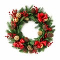 Christmas wreath isolated on white background, holiday decoration, post-processed, generative ai Royalty Free Stock Photo
