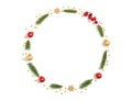 Christmas wreath isolated on a white background. New Year frame with fir branches, baubles and snowflakes. View from above. Space Royalty Free Stock Photo