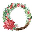 Christmas wreath of leaves and branches, red holly berries, poinsettia on an isolated background, watercolor drawing Royalty Free Stock Photo