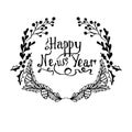 Christmas wreath lettering Happy New Year, monochrome typography banner