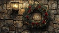 Christmas Wreath with Lights and Pine Cones on Stone Wall with Lantern Royalty Free Stock Photo