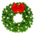 Christmas wreath with lights red ribbon bow decoration Royalty Free Stock Photo