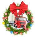 Christmas wreath with lorry truck inside, 3D rendering Royalty Free Stock Photo