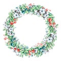 Christmas wreath made of eucalyptus twigs, with cotton and berries. Watercolor illustration. Round frame from a large