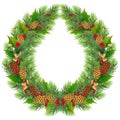 Christmas wreath made of fir-tree or pine tree branches with cones, acorns, holly, red berries. Merry christmas round frame. Eps
