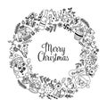 Christmas wreath made of fun doodle illustrations. Hand drawn vector illustration Royalty Free Stock Photo