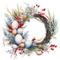Christmas wreath made of green fir branches, red berries and farm eggs. Watercolor illustration on a white background Royalty Free Stock Photo