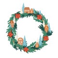 Christmas wreath made of little toy wooden houses and fir branch Christmas trees festive elements New Year craft