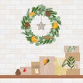 Christmas wreath made with pine, eucalyptus, spruce, pine cone, dry orange. Shelf with present gifts in kraft paper. Eco Christmas