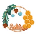Christmas wreath made of wooden sticks and rope, with toys and oranges for winter holiday. New Year craft decoration