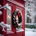 Christmas wreath. New Year's wreath on the red window of the house. Royalty Free Stock Photo