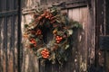 Christmas Wreath on old brown wooden front door. AI generated Royalty Free Stock Photo