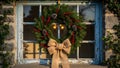 Christmas wreath on old window with peeling paint blue pinecones Royalty Free Stock Photo