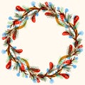 Christmas wreath with painted branches of brown and green colors for Christmas on a light background, for letters and cards, clipa