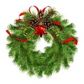 Christmas wreath with pine twigs, cones and red silk ribbon bow Royalty Free Stock Photo