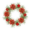 Christmas wreath from pine twigs with red holiday decorations isolated on white Royalty Free Stock Photo