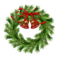 Christmas wreath from pine twigs with red silk ribbon bow and decorative bells Royalty Free Stock Photo