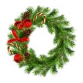 Christmas wreath from pine twigs with red silk ribbon bow, sweet stick, pines and decorative balls isolated