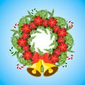 Christmas wreath with poinsettia and balls.