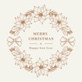 Christmas wreath Poinsettia flower, Floral wreath card. Elegant golden wreath with Christmas greetings. Vector Royalty Free Stock Photo