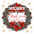 Christmas wreath, poinsettia flowers, border of tree branches, pine cones and red beads with the inscription Merry Christmas Royalty Free Stock Photo