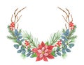 Christmas wreath with poinsettia, greenery, spruce, pine tree twig and holly berries. New Year design wreath