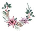 Christmas wreath of poinsettia, ilex branches with red berries and spruce twig, pine cone. Emerald holly leaves Royalty Free Stock Photo