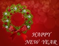 Christmas wreath on a postcard. Green branch of fir tree with red and silver baubles on a red background. Happy New Year Royalty Free Stock Photo