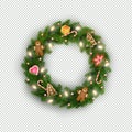 Christmas wreath of realistic Christmas tree branches, light bulb, gift, cookies, sweets