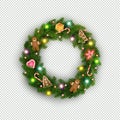 Christmas wreath of realistic Christmas tree branches, lightbulb, gift, cookies, sweets