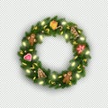 Christmas wreath of realistic Christmas tree branches, lightbulb, gifts, cookies, sweets