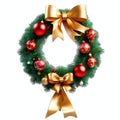 Christmas wreath with red balls and gold colors ribbon on white background Royalty Free Stock Photo