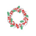 Christmas wreath with red berries, branches and holly leaves isolated vector illustration. New year festive decoration. Royalty Free Stock Photo