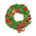 Bright Christmas wreath garland brown bow, candy canes and red berries isolated watercolor illustration on white background Royalty Free Stock Photo