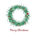 A christmas wreath with red berries and green leaves with the words merry christmas on it Royalty Free Stock Photo