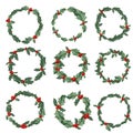 Christmas wreath with red berries. Set of New Year wreath. Holly berry